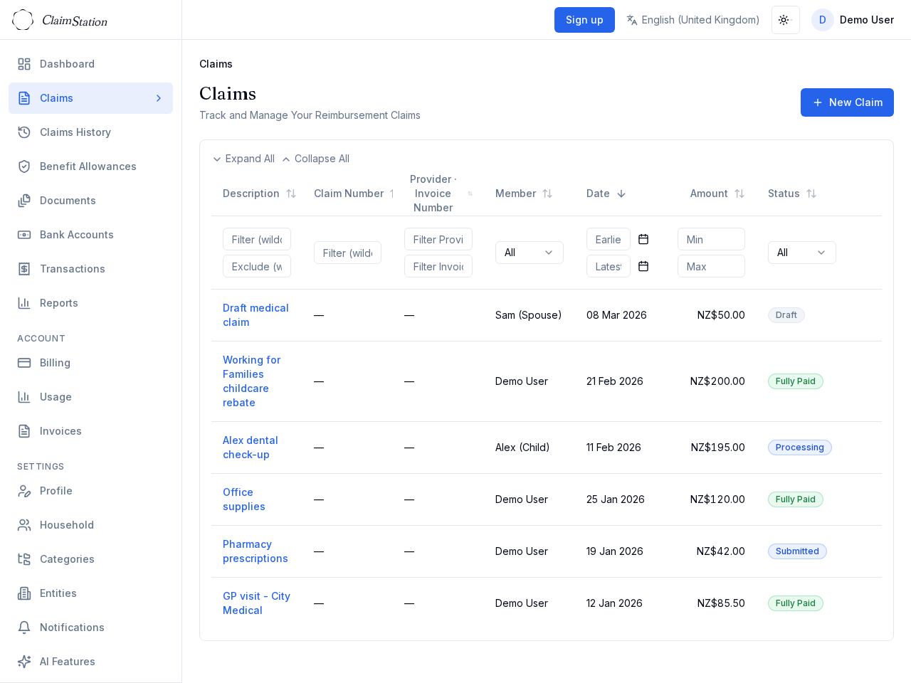 ClaimStation claims list
